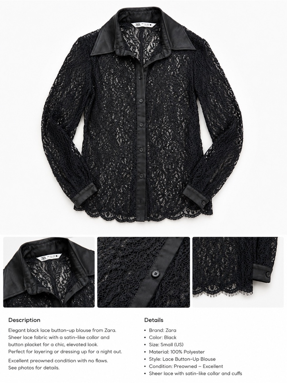 Zara Black Lace Button-Up Blouse